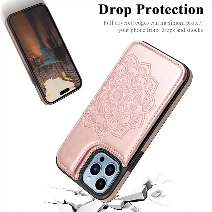 MMHUO for iPhone 15 Pro Max Case with Card Holder,Flower Magnetic Buttons Protective Wallet Case for Women for iPhone 15 Pro Max,Rose Gold