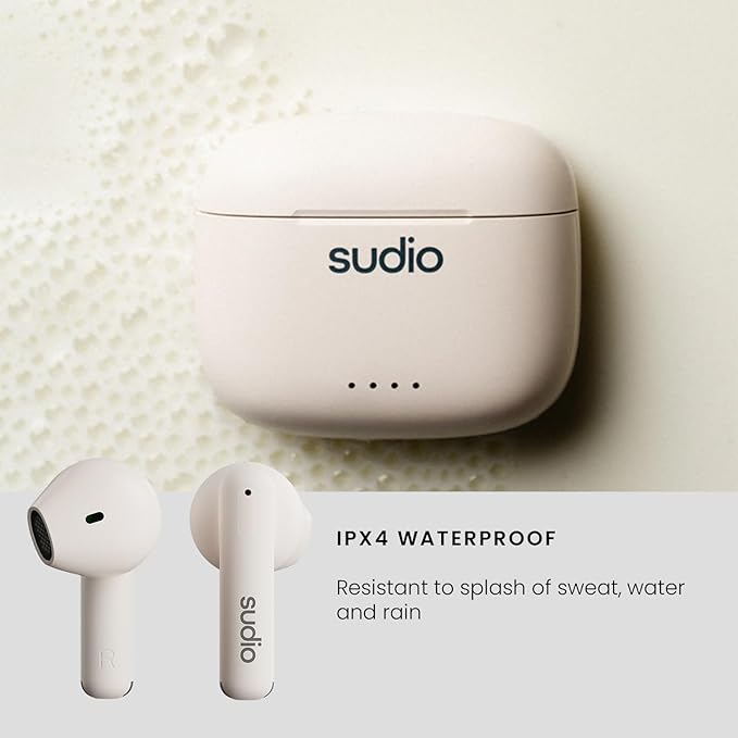 Sudio A1 True Wireless Earbuds, Bluetooth 5.3 Connection, Noise Cancelling, Waterproof, Touch Control, Charging Case, Premium Sound Quality, Comfortable Fit – White