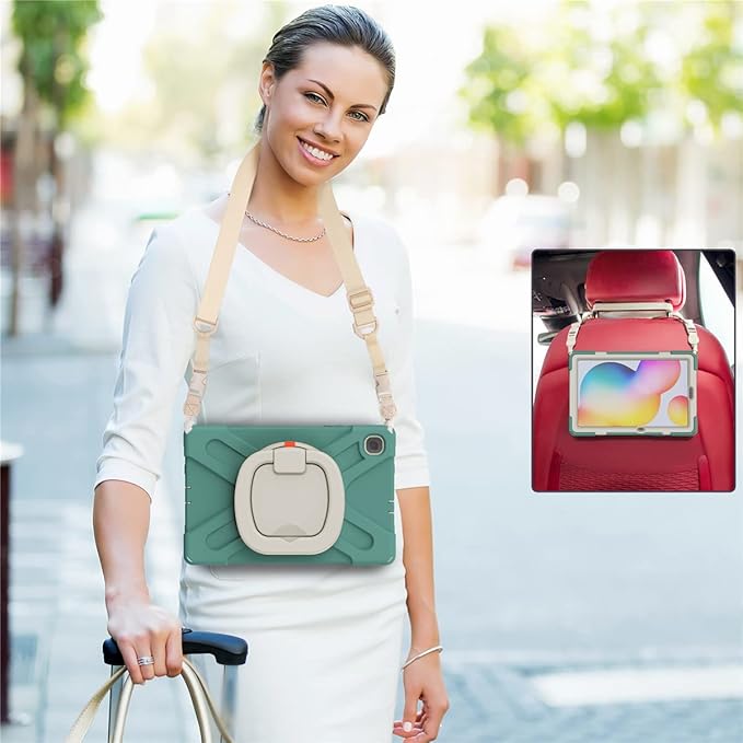 360 Rotation Case for Samsung Galaxy Tab S6 Lite 10.4" Sturdy Cover Rotate Ring Stand Shoulder Carrying Strap Hand Strap Rugged Children Adults Outdoor Case (DarkGreen)