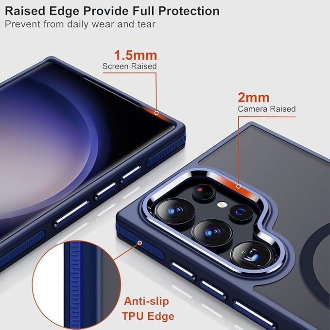 for Samsung Galaxy S24 Ultra Case, Magnetic Phone Case Compatible with Magsafe, Metal Camera Bezel Drop Protection Silky Translucent Back Cover for Galaxy S24 Ultra 5G (Darkblue)