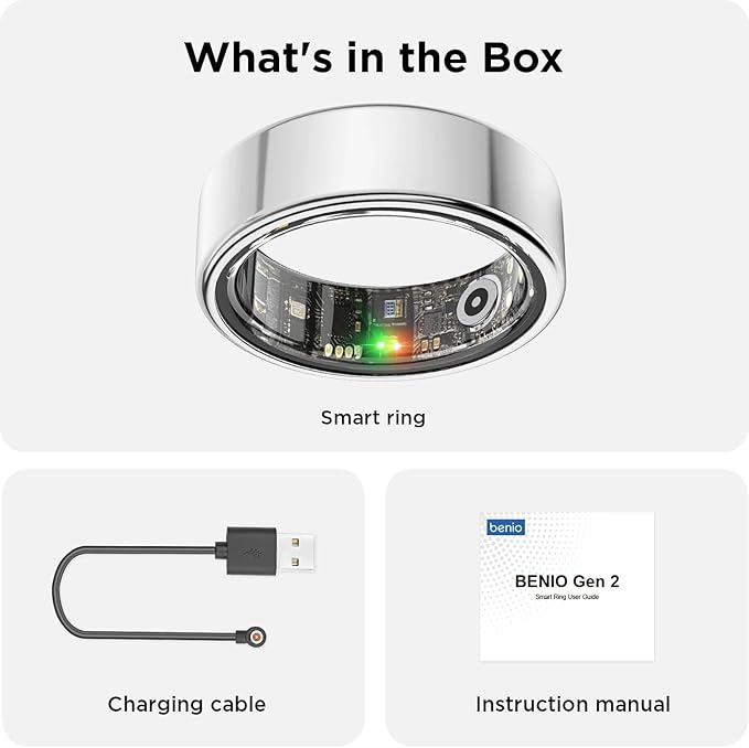 Benio Ring Gen 2 Smart Ring, Step/Sleep/Blood Oxygen/Heart Rate Tracker for Women Men, Higher waterproof rating 5ATM Fitness Tracker,No Subscription Fee,for iPhone and Android (Size 10, Galaxy Sliver)