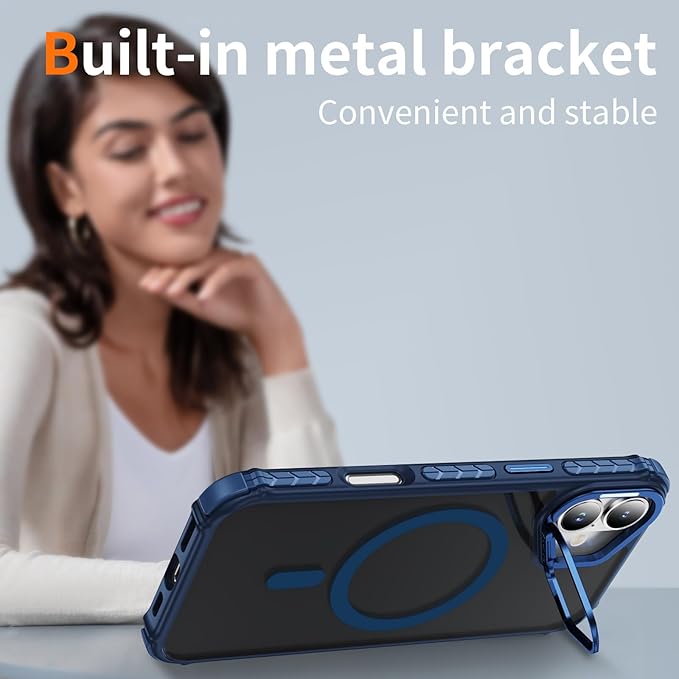 Magnetic for iPhone 16 Case Blue with MagSafe Wireless Charging Heavy Duty Military-Grade Shockproof Protection Adjustable Kickstand Slim Matte Anti-Fingerprint Cover Men Women