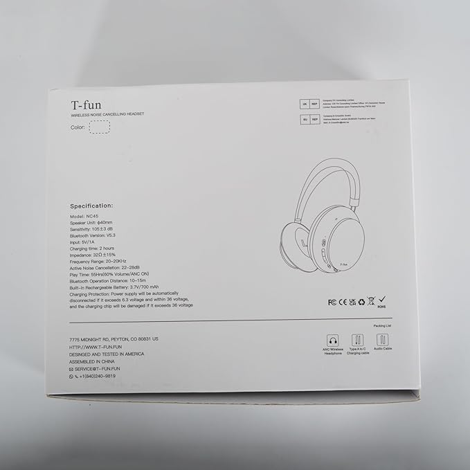 T-fun NC45 Active Noise Cancelling Headphones, Comfortable Wireless Over Ear Headset with Mic, 55H Playtime, Hi-Res Audio, Deep Bass, Low Latency, Bluetooth 5.3 ANC Headphones for Travel Home