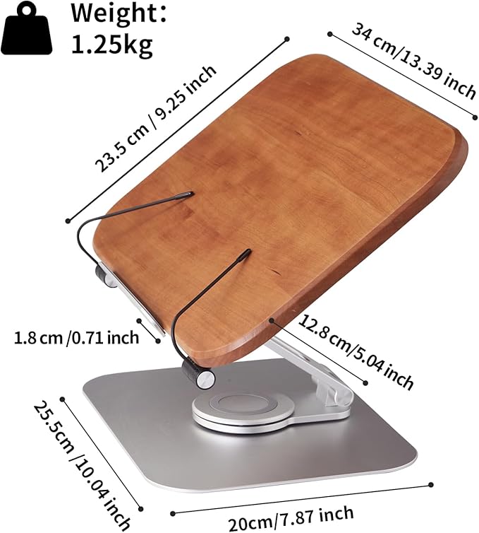 Book Stand for Reading, Mayhas Adjustable Book Holder with 360° Swivel Base&Page Clips, Foldable Desktop Stand for Cookbook, Fits All Books (Cherry Wood, Aluminum Base)