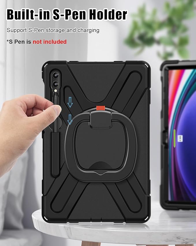 BRAECN Case for Samsung Galaxy Tab S10+/S9 FE+/S9+ Plus 12.4 Inch, Heavy Duty Silicone Case with Screen Protector, S Pen Holder, Stable Kickstand,Shoulder Strap for Galaxy Tab S8+/S7 FE/S7+, Black