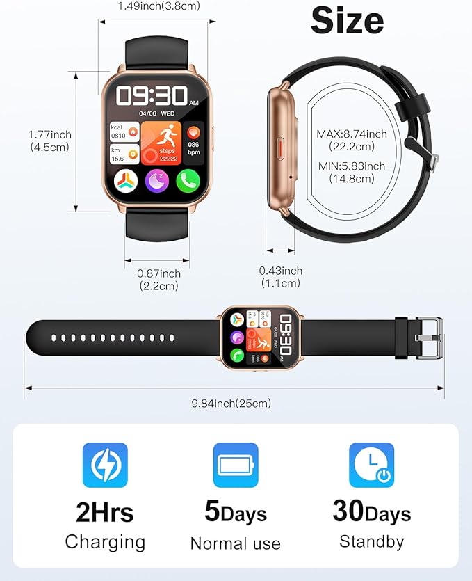 RUIMEN Smart Watches for Men Women (Answer/Make Calls, 2 Bands Included), 1.8" Smartwatch for iOS/Android Phones, Fitness Tracker Heart Rate/Sleep Monitor Digital Watch Waterproof (Black/Copper)