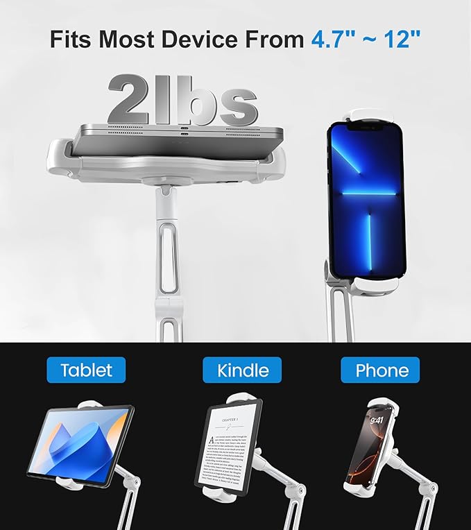 Adjustable Desk Tablet Stand, 360° Swivel iPad Kiosk Stand Fits for 4.7"-12" iPad Air mini Pro, iPhone, Samsung POS, Kindle, Aluminu Alloy Foldable Arm Holder for Store Kitchen Desktop, White
