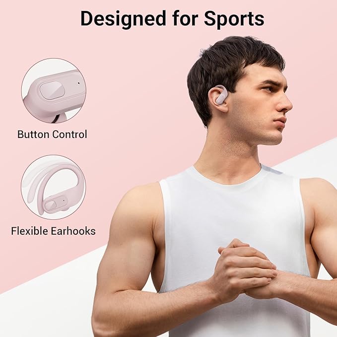 occiam Wireless Earbuds Bluetooth Headphones Ear Buds 96Hrs Playback Sport Over-Ear Waterproof Wireless Headphones Earphones with Earhooks ENC Mics Clear Call for Sport Running Workout Pink