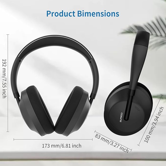 Wireless Bluetooth Headphones Active Noise Cancelling Over-Ear Headphones with Microphone for Cellphone/Laptop/Computer (Black)