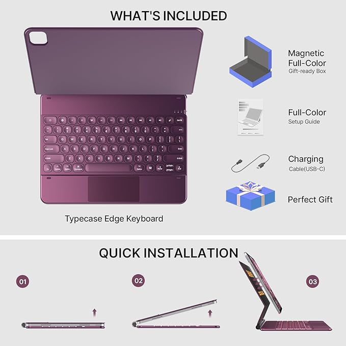 typecase Keyboard Case for iPad Air 13(M3 2025 / M2 2024) and iPad Pro 12.9 (6th, 5th, 4th, 3rd Gen),Magic Keyboard, Magnetic Keyboard Case with Multi-Touch Trackpad, 11 Colors Backlight,Raspberry