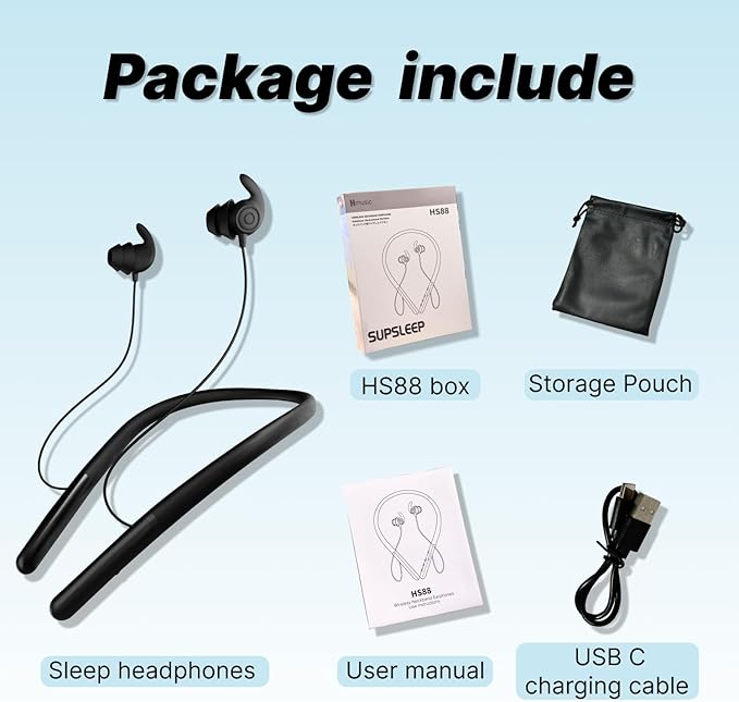Hmusic HS88 Sleep Earbuds,Neckband Sleep Headphones Bluetooth 5.4,-30dB Noise Reduce Soft Flat Thin Silicone Earplugs for Side Sleeper,12H Playback, In Ear Earphones for Air Travel,Audio Book,Meditate