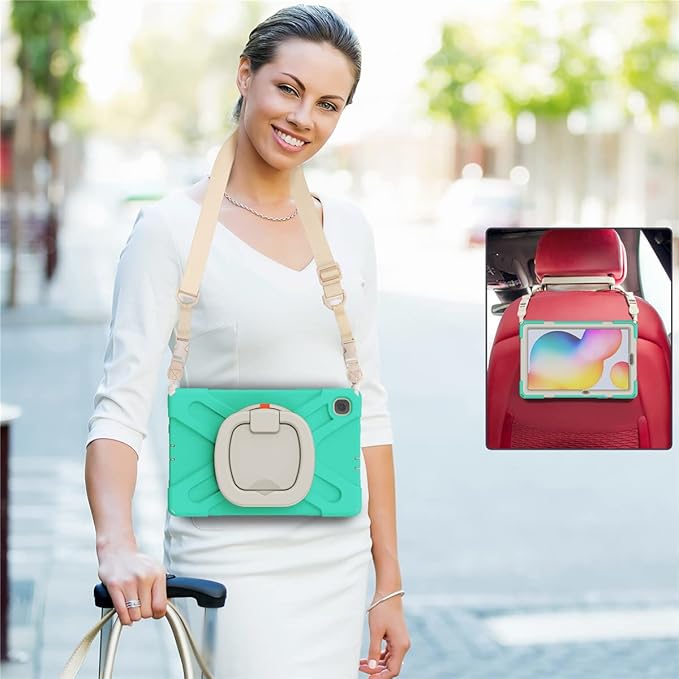 360 Rotation Case for Samsung Galaxy Tab S6 Lite 10.4" Sturdy Cover Rotate Ring Stand Shoulder Carrying Strap Hand Strap Rugged Children Adults Outdoor Case (MintGreen)