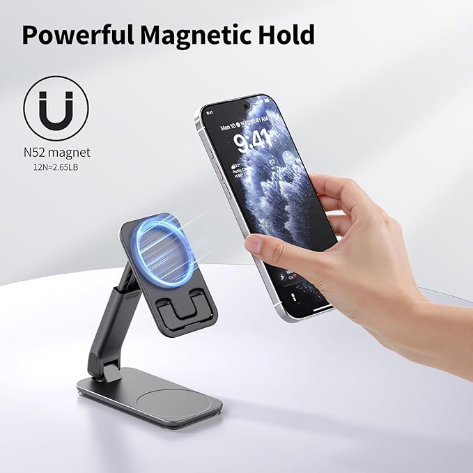 iWALK Magnetic Cell Phone Stand for Desk, Angle and Height Adjustable Mobile Phone Holder, Foldable Magnet Stand for iPhone 16 15 14 13 12 Pro Max and iPad, Cell Phone Holder for Samsung Galaxy, Black