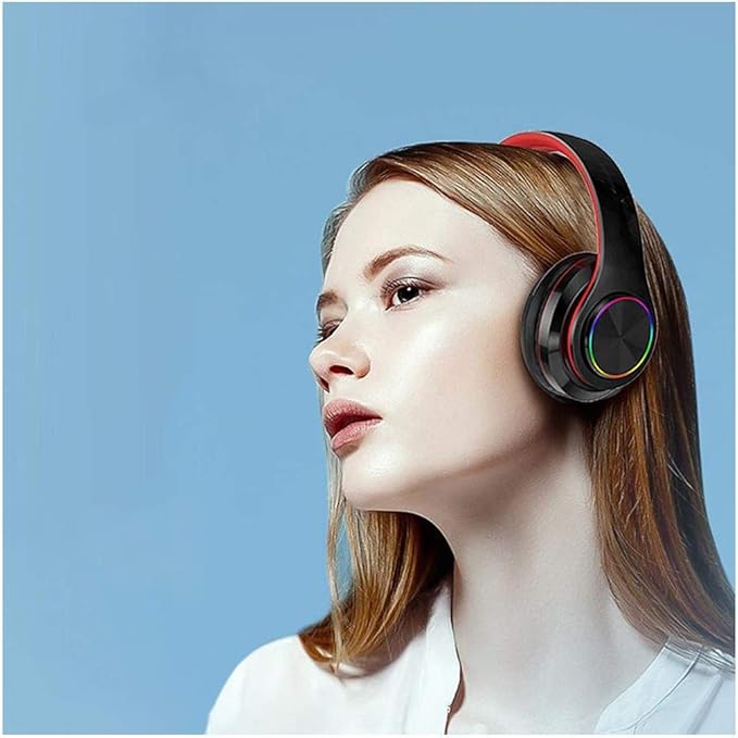 Bluetooth Over Ear Headphones, Deep Bass Colorful LED Lights Headphones with Mic, Lightweight Wireless Foldable HiFi Stereo Kids Headset for School Classroom/Home Travel/Office/PC/Cell Phone-White