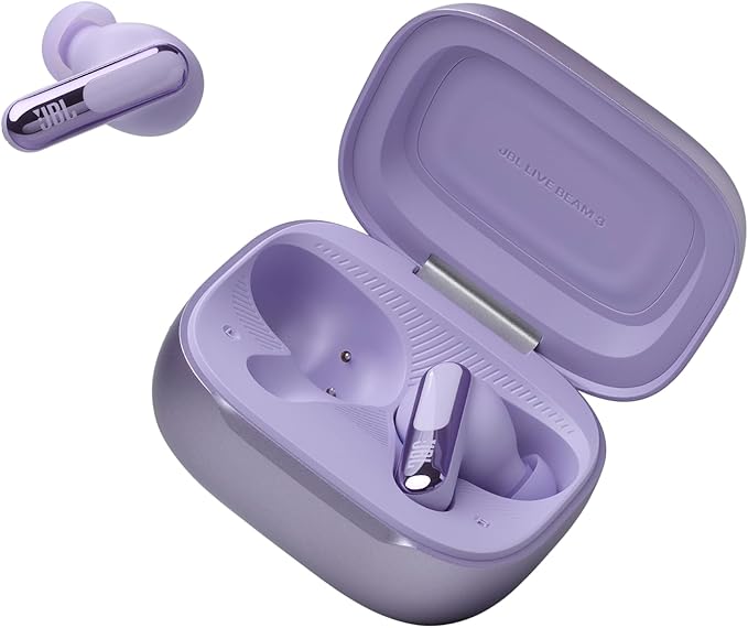 JBL Live Beam 3 - True wireless noise-cancelling closed-stick earbuds, 48Hrs total playback, Wireless Charging, 6 Mics for perfect calls, Multi-point connection, IP55 waterproof and dustproof (Purple)