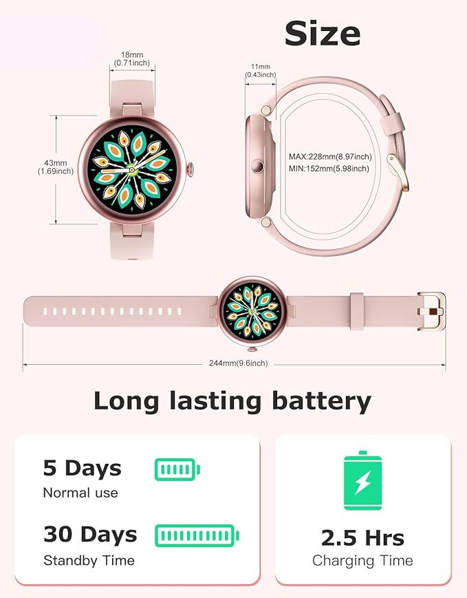 Fitness Tracker, Round Fitness Watches for Women with Bluetooth Call Heart Rate Monitor Sleep Tracker Calorie/Step Counter, Birthday Gift for Women Lady Mom Waterproof (Pink)