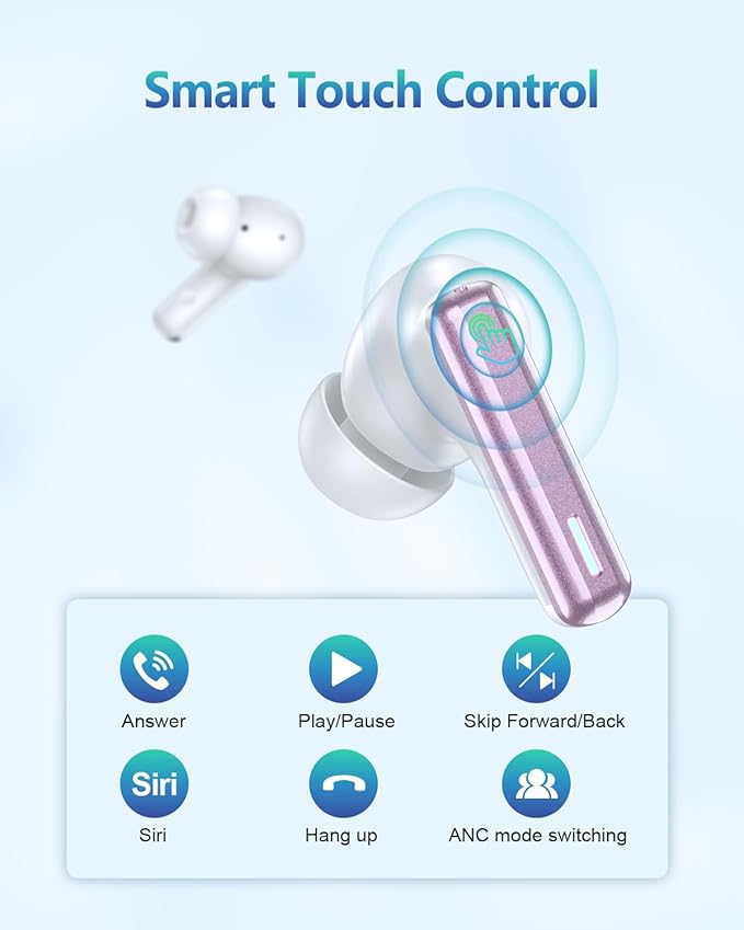 Wireless Earbuds Bluetooth Headphones, Ear Buds with Touch Screen, ANC ENC Noise Cancelling Transparency Mode, 40H Stereo Deep Bass, IPX7 Waterproof, Clear Calls, 5 EQ for iOS Android (Pink)