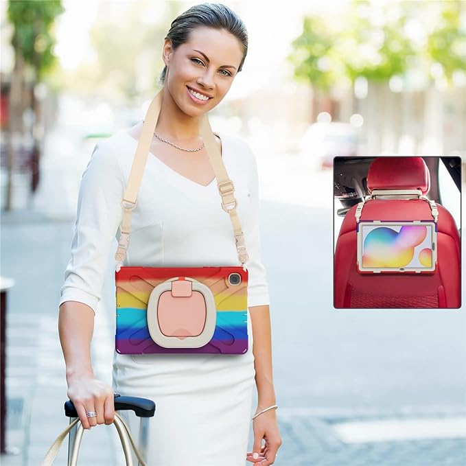 360 Rotation Case for Samsung Galaxy Tab S6 Lite 10.4" Sturdy Cover Rotate Ring Stand Shoulder Carrying Strap Hand Strap Rugged Children Adults Outdoor Case (Colourful Red)