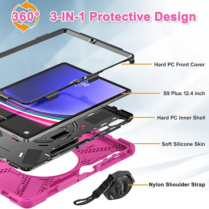 BRAECNstock for Samsung Galaxy Tab S10+ Plus/ S9 FE+ Plus/ S9+ Plus/ S8+ Plus/ S7 FE/ S7+ Plus 5G Tablet Case 12.4" Shockproof Protective Cover with Pen Holder Rotating Hand Strap & Stand - Rose Red