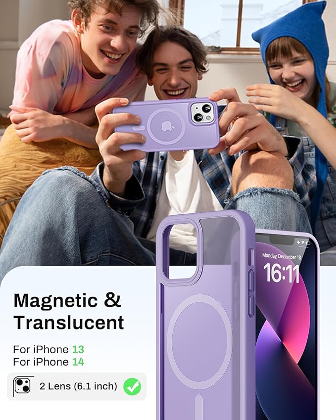 Magnetic for iPhone 13 Case & iPhone 14 Case, Compatible with MagSafe, Military Grade Drop Protection, Slim Shockproof Anti-Fingerprint Translucent Matte Phone Protective Cover, Light Purple