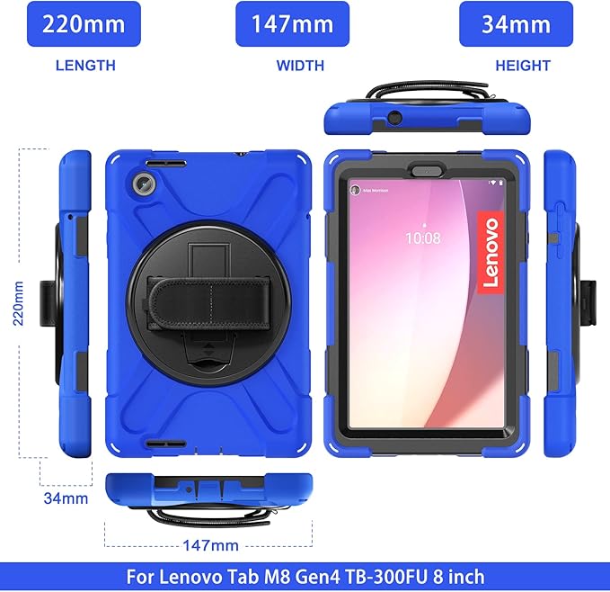 TSQQST for Lenovo M8 Tablet Case 4th Gen TB301XU 2024 Release | Heavy Duty Rugged Kids Case with Rotatable Kickstand & Hand Strap Shoulder Strap for Lenovo Tab M8 8 Inch TB-300FU 2023| Blue