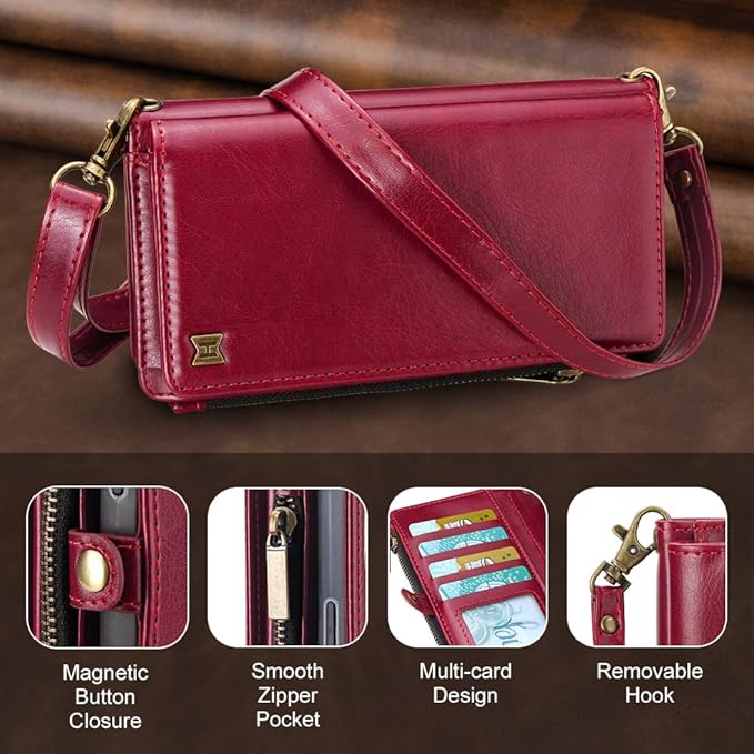 for iPhone 17 Pro Wallet Phone Case with 7 Card Holder,RFID Blocking | PU Leather | Kickstand | Flip | Wrist Strap&Shoulder Strap | Shockproof | Zipper Wallet | Women Men | 6.3" | Red