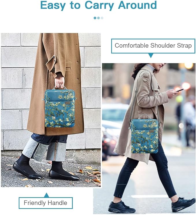 MoKo 9-11 Inch Tablet Sleeve Bag Handle Carrying Case with Shoulder Strap for iPad Pro, Air, 10th, 9/8/7, Air 5/4, Tab S8/S9, Apricot Flower