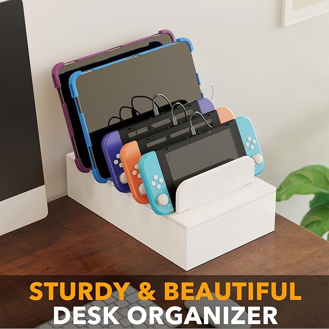 SpaceAid Bamboo Charging Station for Multiple Devices, Cell Phone Docking Stations for Multi Laptop, Tablets and iPads, Nightstand Bedside Desk Device Charger Organizer (White)