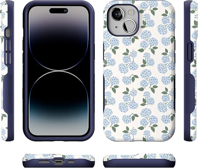 Casely iPhone 14 Case | Nantucket Cottage | Blue Hydrangea | Compatible with MagSafe | Bold Protective Design