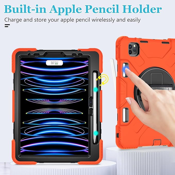 Case for iPad Pro 11 Inch 2022/2021/ 2020/2018: Silicone Cover for iPad 11 Inch 4th/ 3rd/ 2nd/ 1st/ Generation with Screen Protector- Stand- Handle- Shoulder Strap- Pencil Holder-Orange