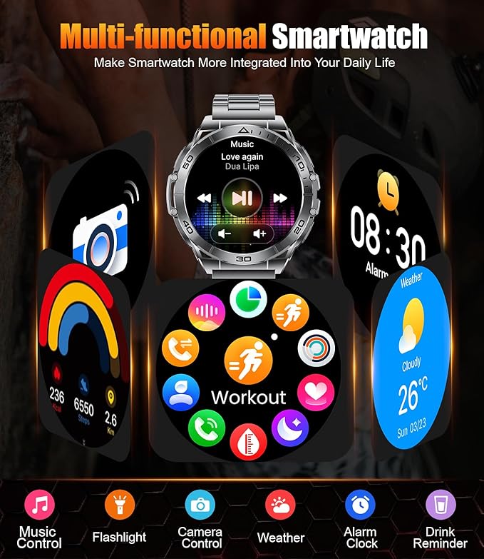 Military Smart Watch for Men,1.6" AMOLED Screen /600mAh Battery/5ATM Waterproof Smartwatches (Answer/Dial Calls) Fitness Tracker with Heart Rate/Sleep Tracking/Blood Oxygen for Android/iOS Black
