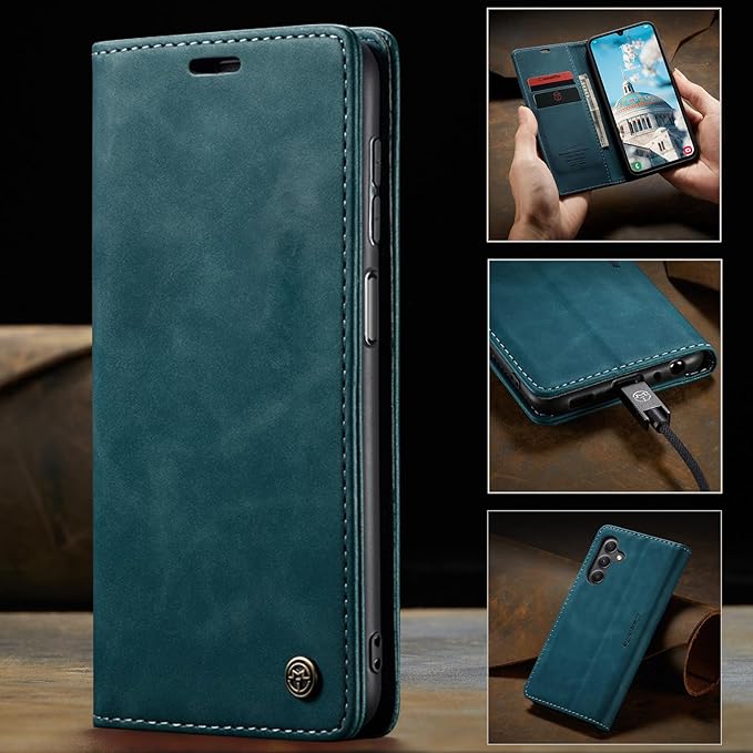 for Samsung Galaxy A15 Case, Flip Wallet Leather Case with Card Holder Magnetic Closure Shockproof Kickstand Protective Phone Cases Cover for Samsung A15,Blue-Green