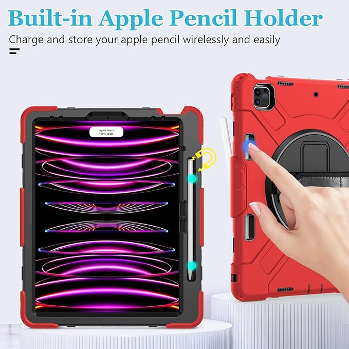 Case for iPad Pro 12.9 2022/2021/ 2020/2018: Cover for iPad Pro 12.9 6th/ 5th/ 4th/ 3rd Generation with Screen Protector- Stand- Pencil Holder- Handle- Shoulder Strap Red