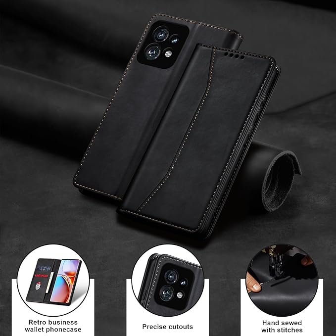 Jasonyu Flip Wallet Case for Motorola Edge+ (2023)/Moto Edge Plus (2023),Leather Magnetic Folio Cover with Card Holder,Kickstand - TPU Shockproof Durable Protective Phone Case,Black