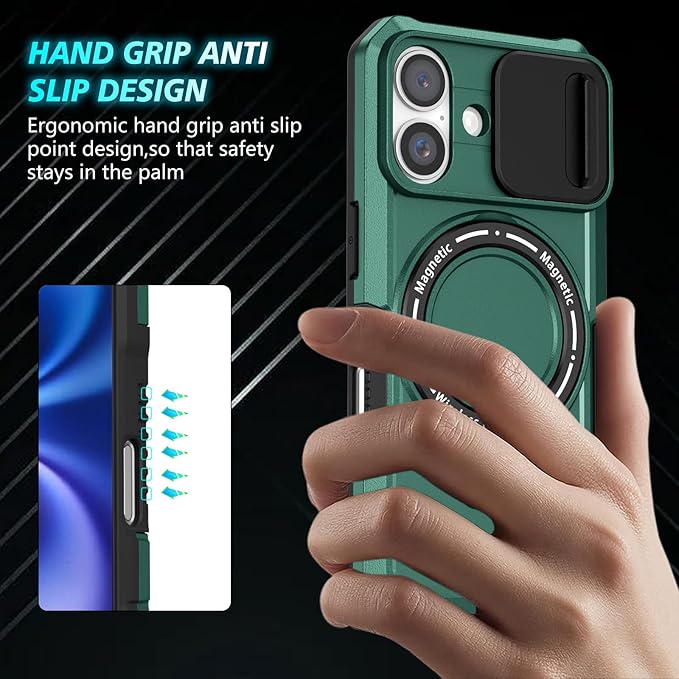 for iPhone 16 Case Magnetic Compatible with MagSafe Wireless Charging,with 2 Screen Protectors,for 16 Case Built-in Kickstand+Camera Cover Anti-Scratch Shockproof Heavy Duty Protection Green