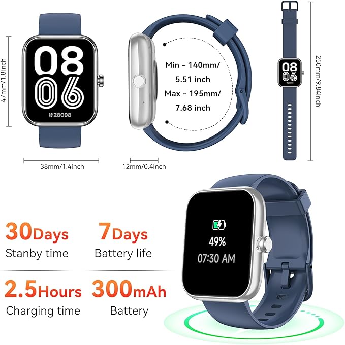 Smart Watch with Alexa Built-in, 1.83" HD Touchscreen, Bluetooth Calling Fitness Tracker, Health Monitor Heart Rate/Sleep Tracking, IP68 Waterproof, 120+ Sports Modes for Android iPhone (Blue)