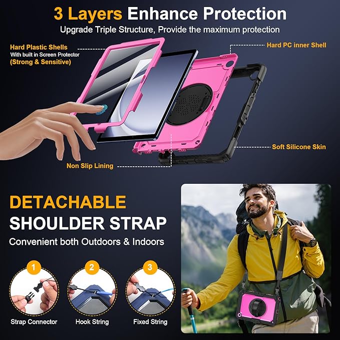 Case for Samsung Galaxy Tab A9+/A9 Plus 11 Inch 2023(SM-X210/X216/X218), Ubearkk Full-Body Drop Protection Case with Screen Protector, 360° Rotating Stand and Hand/Shoulder Strap, Pink