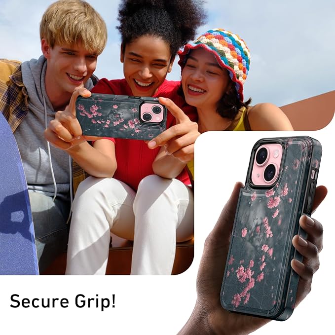 FUNMIKO for iPhone 14 Wallet Case with Card Holder, RFID-Blocking, Military-Grade Protection & UV-Printed Artwork, Magnetic Closure with Leather Kickstand - Mystic Blooming Plum