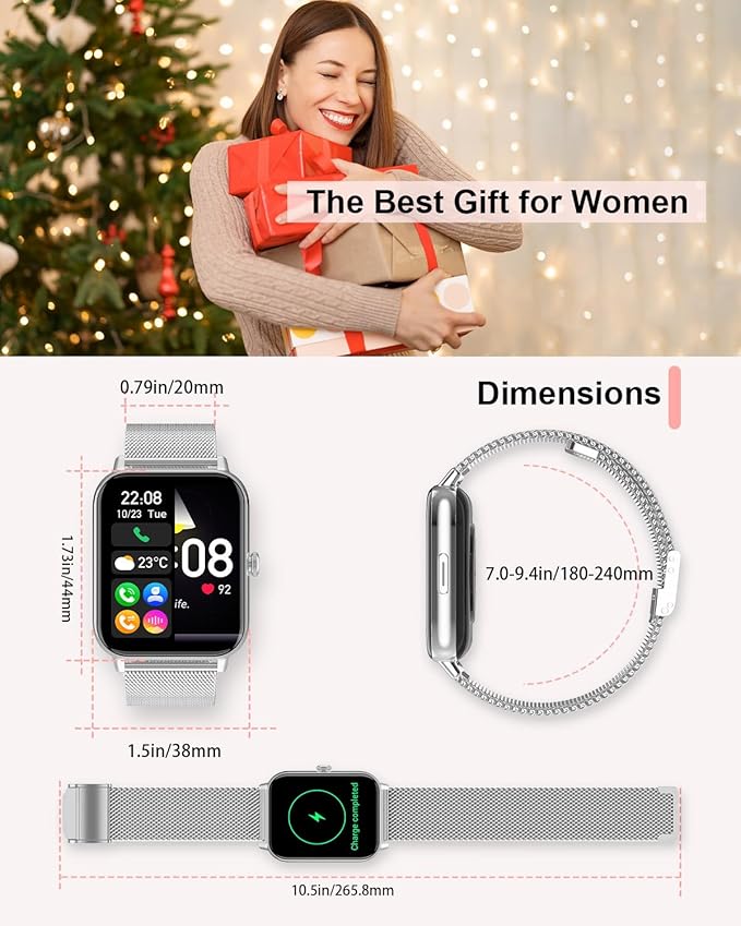 Smart Watch for Women with Bluetooth Call Answer/Dail,1.85" DIY Dial Fitness Watch with Heart Rate Sleep Monitor Step Counter 120+ Sports Modes Waterproof Women's Smart Watch for Android iOS (Silver)
