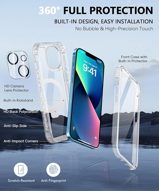 Compatible with iPhone 13 Case, Built-in Screen Protector & Seamless Stand, with Camera Lens Protector, Strong Magnetic Clear Phone Case, Full Body Protective Cover for 6.1" (Clear)
