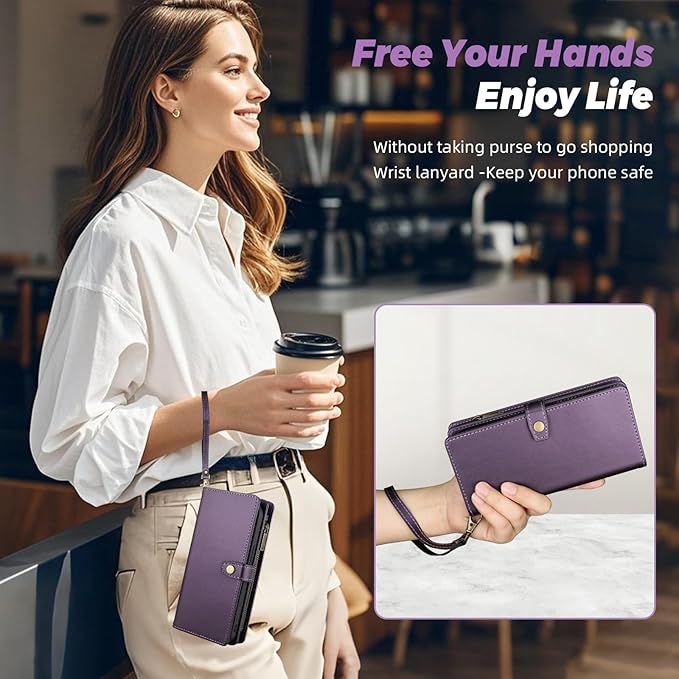 TwoHead for Samsung Galaxy S23 Wallet Case with Card Holder & Detachable Magnetic Phone Case for Galaxy S23,PU Leather Shockproof Protective Phone Cover Wallet with Wrist Strap(6.1 in,Deep Purple)