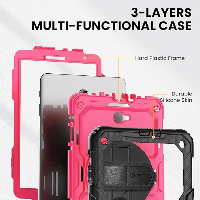 Timecity Case for Galaxy Tab A 10.1 2016 Release (SM-T580 T585 T587), Heavy Duty Protection Case with Screen Protector, Swivel Stand, Hand Strap and Shoulder Strap Stylus Holder - Rose