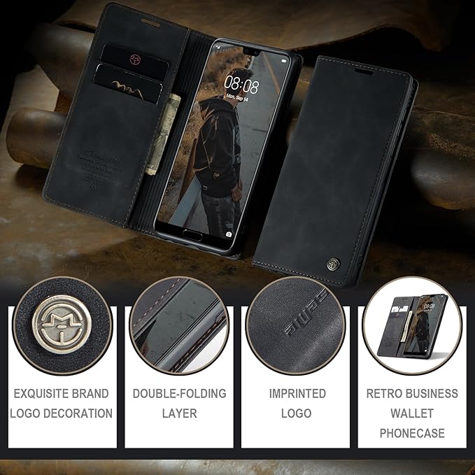 for Huawei P20 Case, Flip Wallet Leather Case with Card Holder Magnetic Closure Shockproof Kickstand Protective Phone Cases Cover for Huawei P20,Black