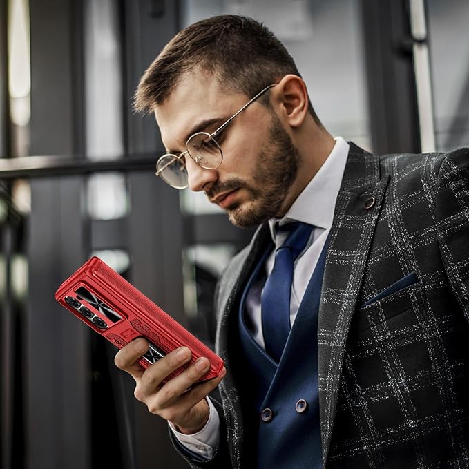 VEGO for Galaxy Z Fold 6 Case with Belt Clip Holster, 360°Ring Magnetic Kickstand & Camera Cover & Front Screen Protector & Hinge Protection Shockproof Cover for Z Fold 6 - Classic Red