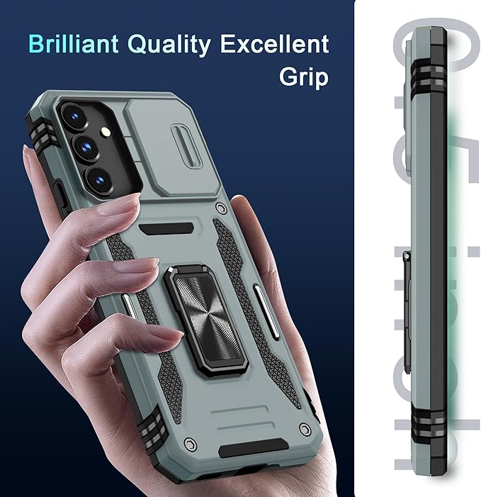 DEERLAMN Case for Samsung Galaxy S24 FE 6.7-Inch with Slide Camera Cover+Screen Protector(1 Pack), Rotated Ring Kickstand Military Grade Shockproof Protective Cover-Grey