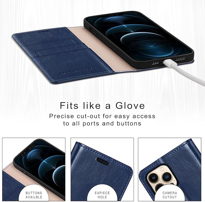 Belemay Compatible with iPhone 14 Pro Max Case Wallet-Genuine Leather Flip Case-RFID Blocking Card Holders-Shockproof TPU Shell Folio Cover Women Men Compatible with iPhone 14 Pro Max (6.7-inch) Navy