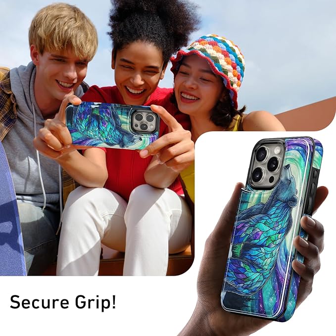FUNMIKO for iPhone 15 Pro Max Wallet Case with Card Holder, RFID-Blocking, Military-Grade Protection & UV-Printed Artwork, Magnetic Closure with Leather Kickstand - Prismatic Aurora Bear