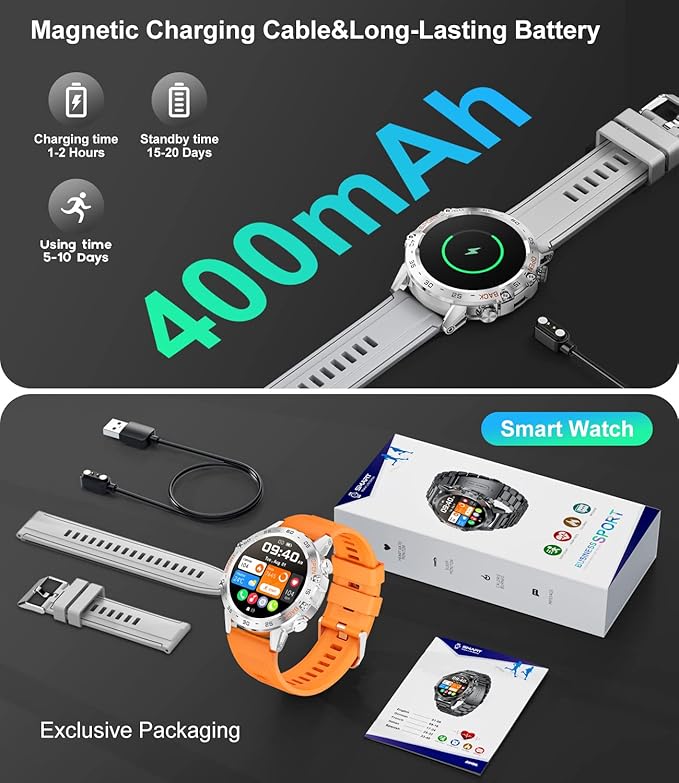 Military Smart Watch for Men(Answer/Dial Calls),100 Sports Modes, 5ATM Waterproof,1.39''HD Touchscreen Fitness Watch,with Heart Rate/Blood Pressure/SpO2 for Android/iOS Smart Watch Orange