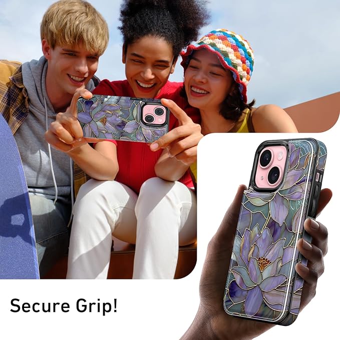 FUNMIKO for iPhone 15 Plus Wallet Case with Card Holder, RFID-Blocking, Military-Grade Protection & UV-Printed Artwork, Magnetic Closure with Leather Kickstand - Dreamy Lotus