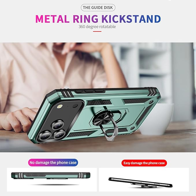 ADDIT Compatible with iPhone 17 Pro Case with Tempered Glass Screen Protector, Adjustable Kickstand Ring, Military-Grade Heavy Duty Protection, Shockproof, Anti-Fingerprint,Teal